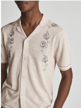 REISS Sampson Cuban Embroidered Camp Shirt in Light Taupe Gray Men's XS $130